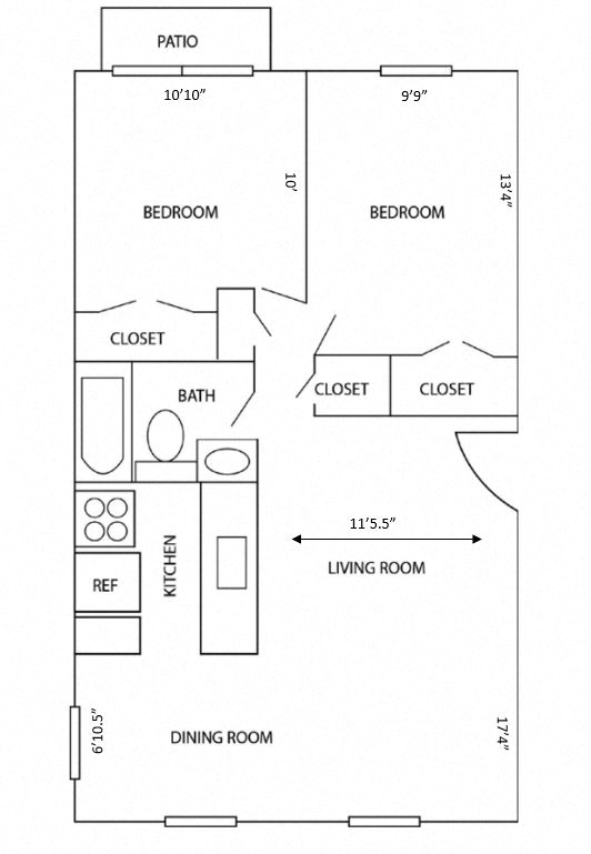 Floor plan for 2 beds, 1 bath, 900 sqft